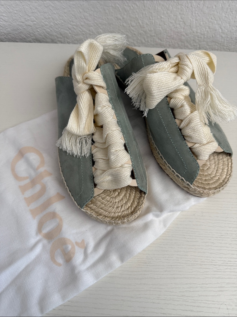 Chloé Sage Green Espadrille Sandals with Cream Braided Ties